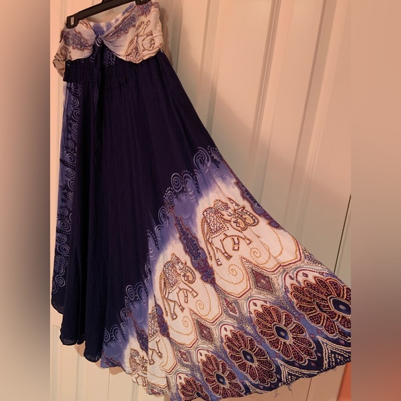 Navy full length elephant-print Thai skirt with elastic waist - Picture 6 of 6